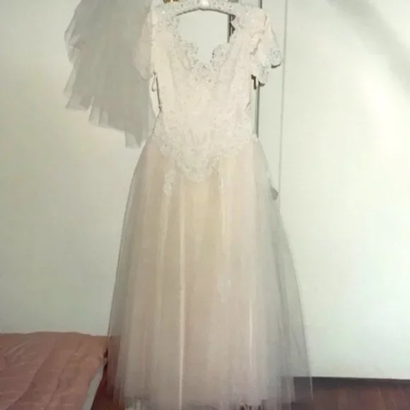 chinese dress ladies Vintage Lace Blushing Pink Tea-Length Wedding Dress, Blushing Pink main image 1